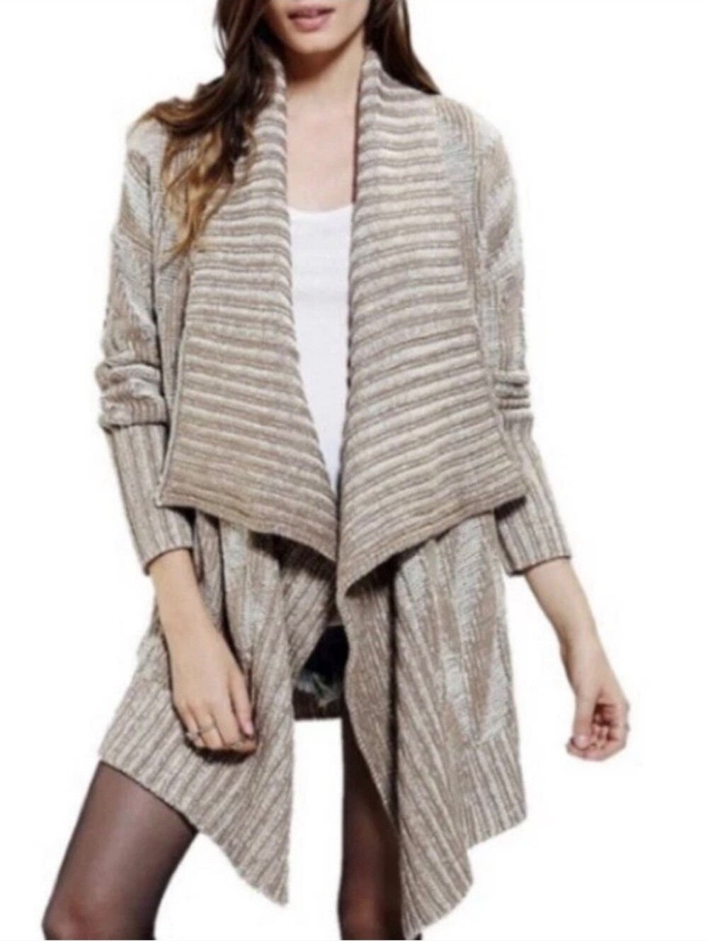 Staring At Stars Ribbed Drape Front Cardigan Sweater Beige Brown Size L